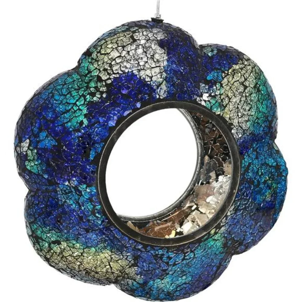 Indigo Flower 9-Inch Round Fly-Through Bird Feeder - Crackled Glass Design